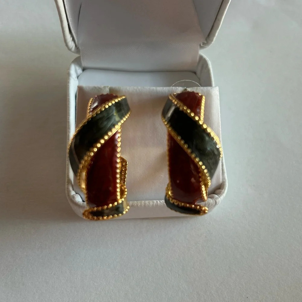 3/$20 Dark Red and Green Large Twisted Gold Plated Hoop Earrings